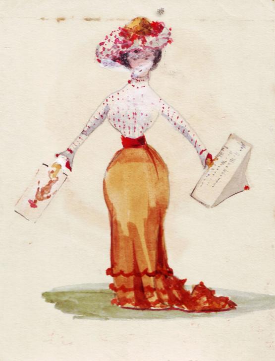 A watercolour sketch of a woman holding a piece of paper and an envelope.