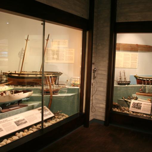 The Maritime gallery in the Museum. two cases containing ship memorabelia