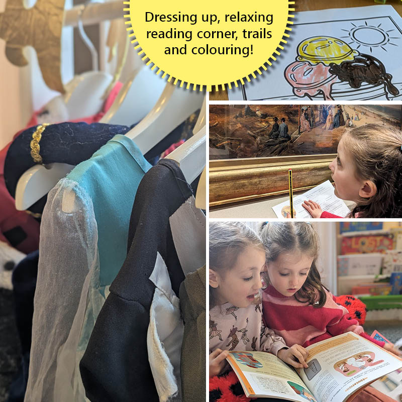 Images showing activities: dressing up, colouring, trails, reading corner
