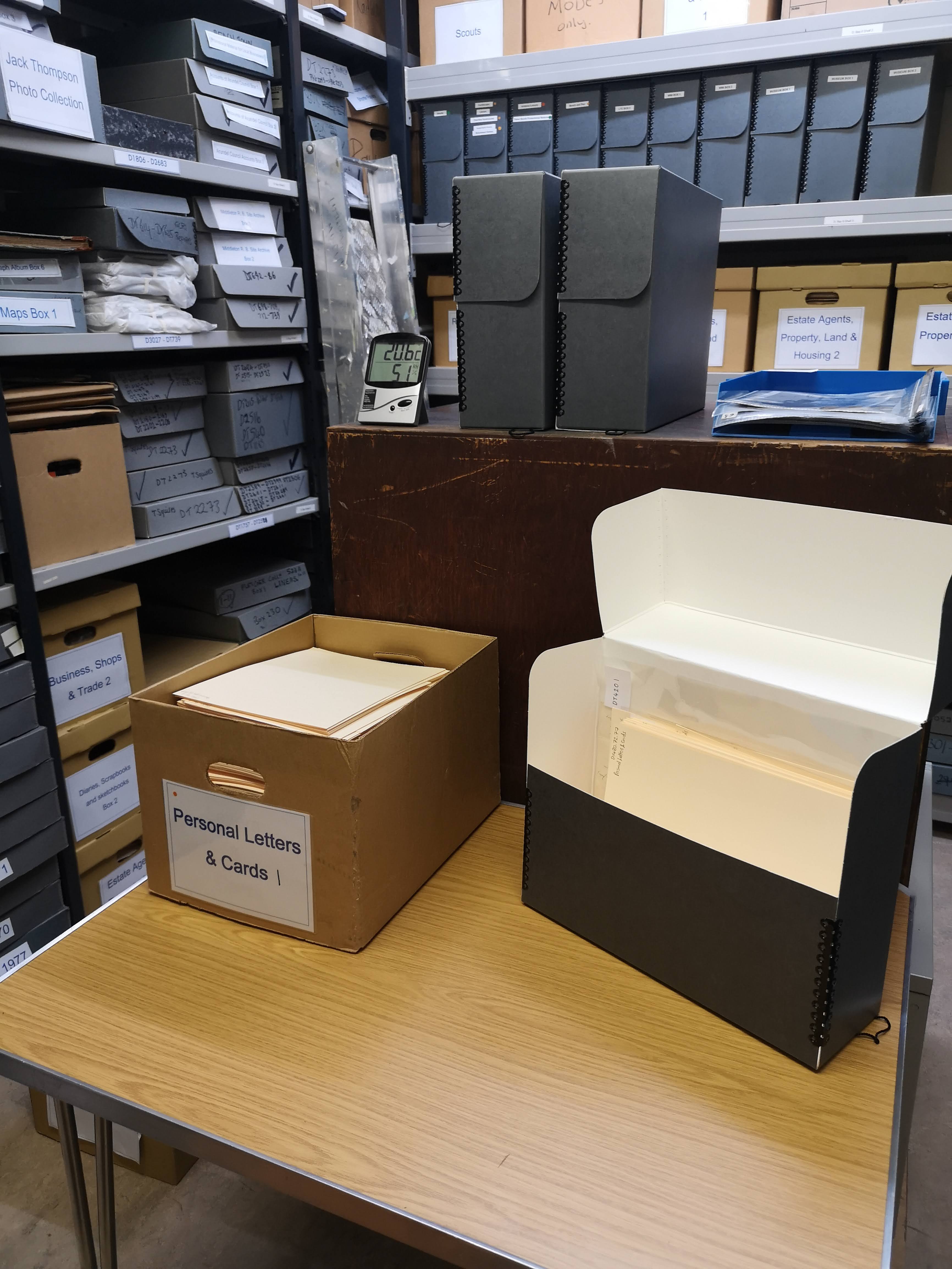 Store room at Littlehampton Museum showing boxes of files