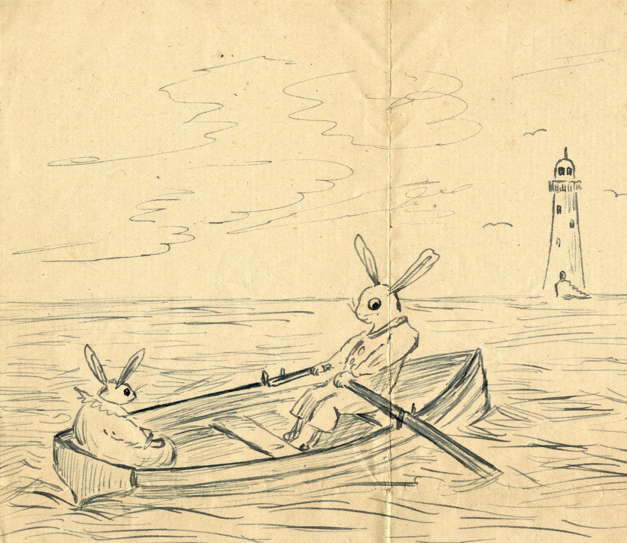 An illustration of two bunny rabbits rowing a boat towards a lighthouse