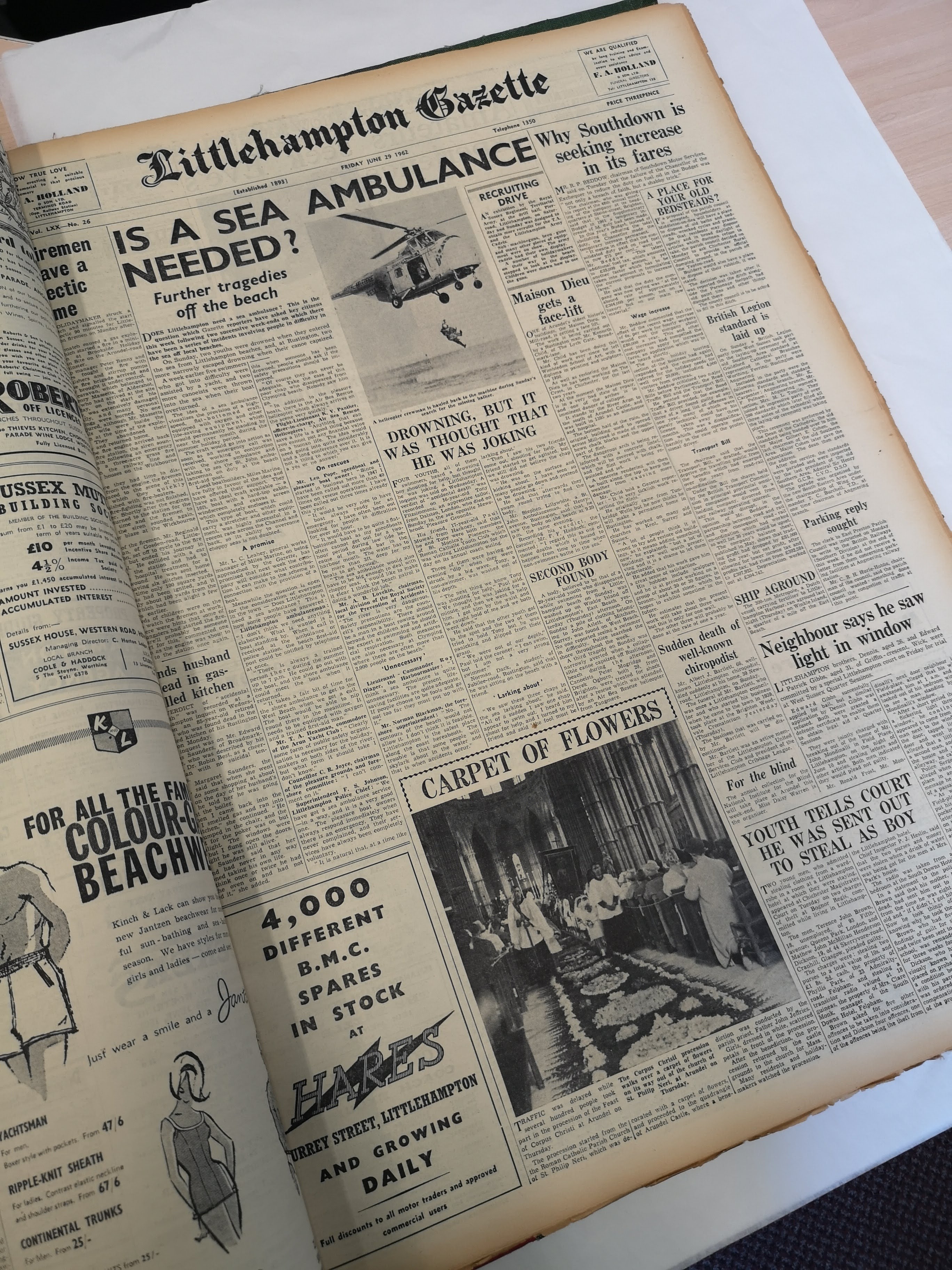 a 1960s copy of the Littlehampton Gazette showing an article about a sea rescue in Littlehampton