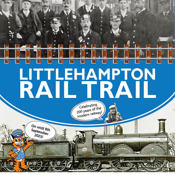 Poster for the rail trail showing old photos of Littlehampton railway staff and a train