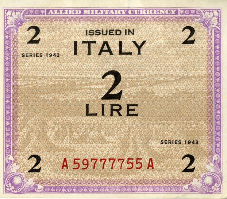 a pink and beige bank note with red text serial number, the note is for 2 lire, the currency of Italy in 1943