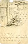 A sketch of a man in uniform sat on a train reading a letter.