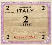 a pink and beige bank note with red text serial number, the note is for 2 lire, the currency of Italy in 1943