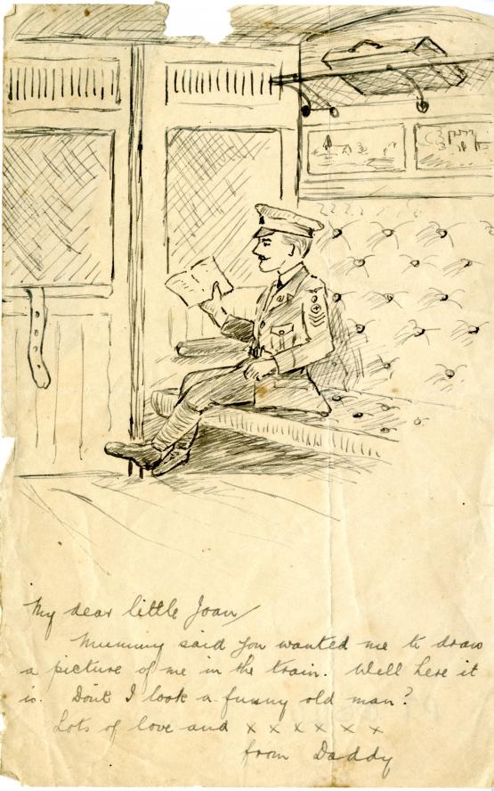 A sketch of a man in uniform sat on a train reading a letter.