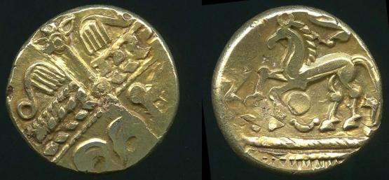 the two sides of a gold celtic coin. The obverse shows an unknown shield, the reverse shows a  horse with large knobbly knee joints in a distinct celtic style.